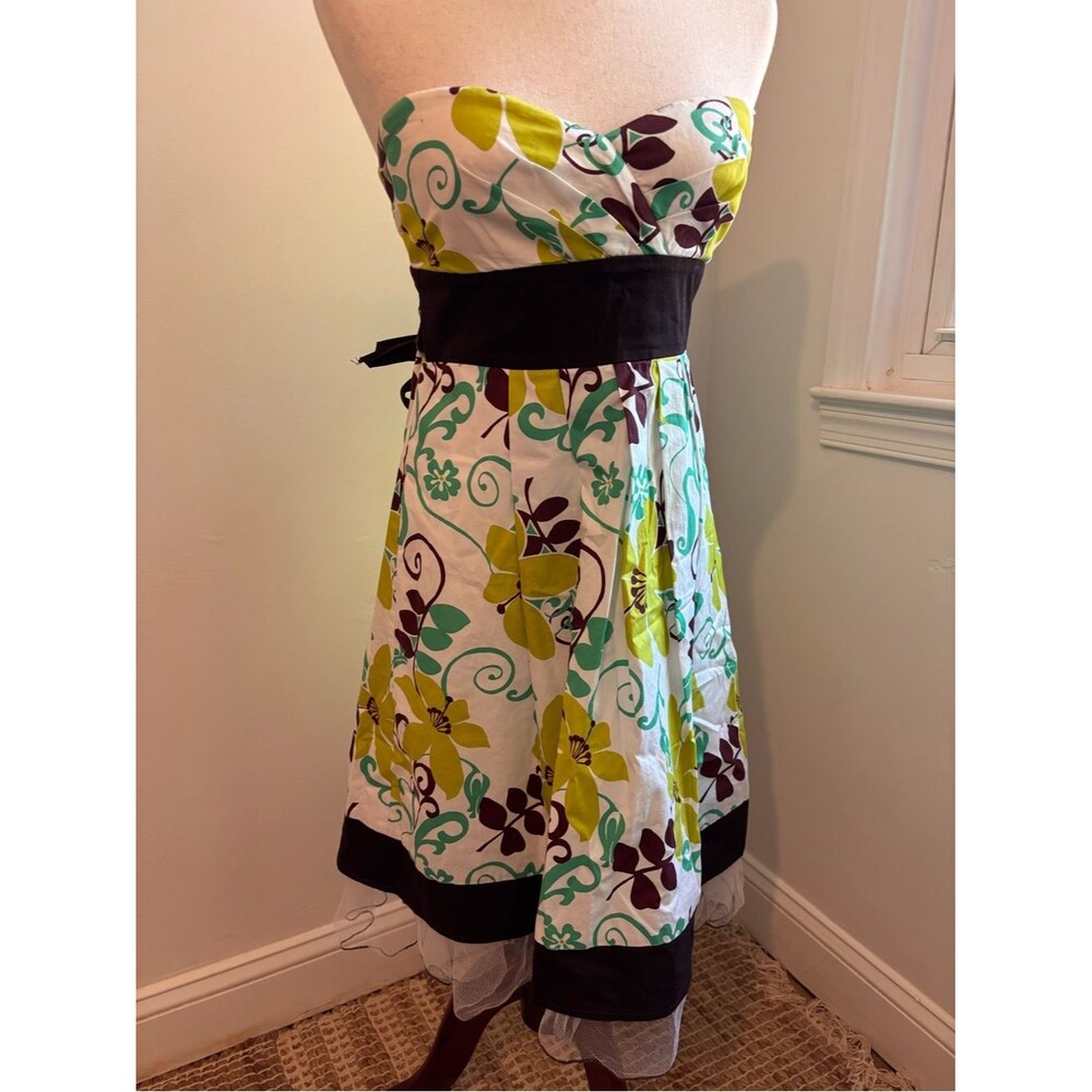 As U Wish Strapless Floral Party Dress Size 9 Tulle Hem Ribbon Waist Garden Tea